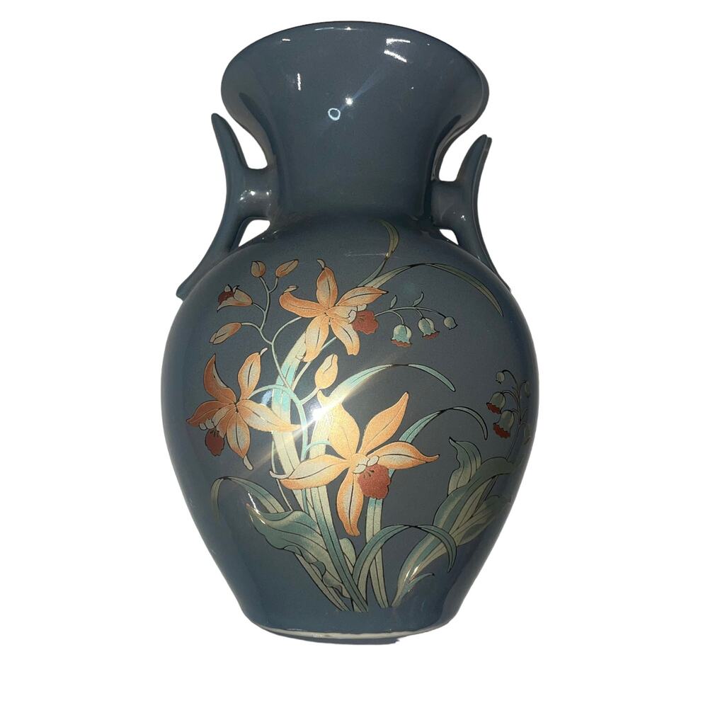 Vintage Shaddy Japan Large Gray Vase Orange Cattleya Orchids Flowers & Gold Trim